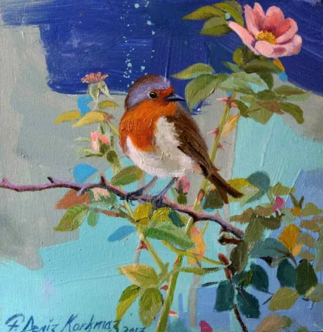 "Gül ve Kızılgerdan" eseri F. DENİZ KORKMAZ tarafından 2017 yılında 25x25 cm ölçülerinde Tuval üzeri yağlı boya tekniği ile yapılmıştır.