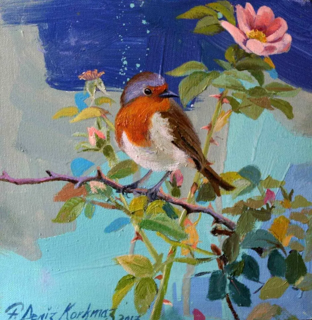 "Gül ve Kızılgerdan" eseri F. DENİZ KORKMAZ tarafından 2017 yılında 25x25 cm ölçülerinde Tuval üzeri yağlı boya tekniği ile yapılmıştır.