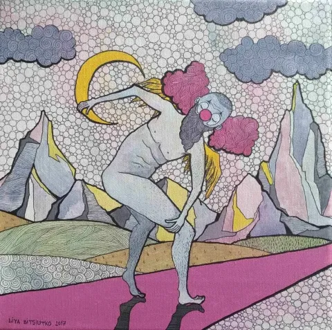"Discobolus" eseri LİYA BİTSİUTKO tarafından 2017 yılında 25x25 cm ölçülerinde Kağıt üzeri karışık teknik tekniği ile yapılmıştır.