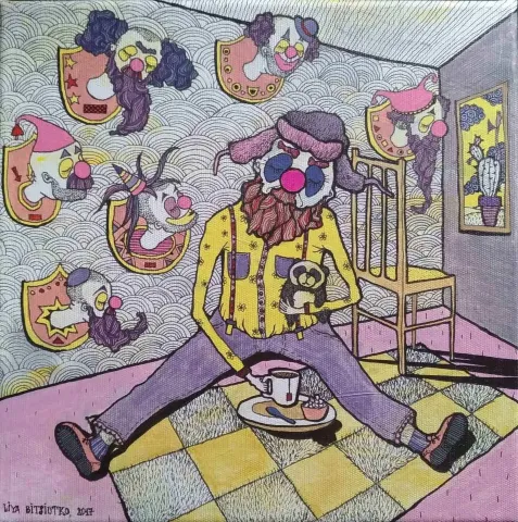 "On Pause" eseri LİYA BİTSİUTKO tarafından 2017 yılında 25x25 cm ölçülerinde Kağıt üzeri karışık teknik tekniği ile yapılmıştır.