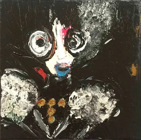 "Noche" eseri YEŞİM DERELİ tarafından 2017 yılında 25x25 cm ölçülerinde Tuval üzeri karışık teknik tekniği ile yapılmıştır.
