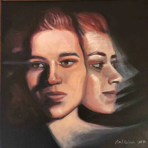 "başkalaşım" eseri EMEL GÜVEN tarafından 2017 yılında 25x25 cm ölçülerinde Tuval üzeri yağlı boya tekniği ile yapılmıştır.