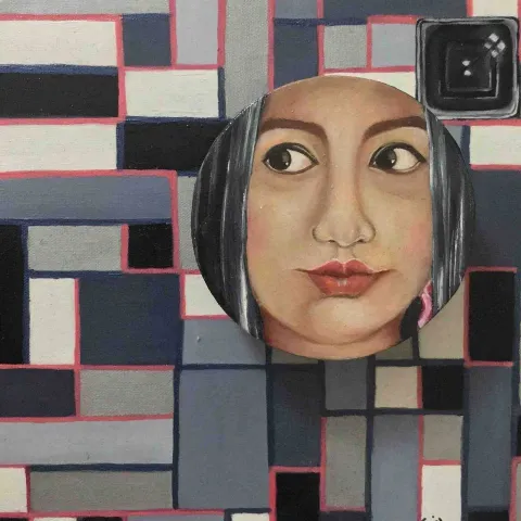 "Selfie" eseri GİZEM FATMA ÇETİN tarafından 2017 yılında 25x25 cm ölçülerinde Tuval üzeri karışık teknik tekniği ile yapılmıştır.