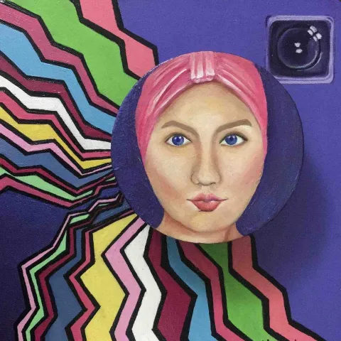 "Selfie" eseri GİZEM FATMA ÇETİN tarafından 2017 yılında 25x25 cm ölçülerinde Tuval üzeri karışık teknik tekniği ile yapılmıştır.