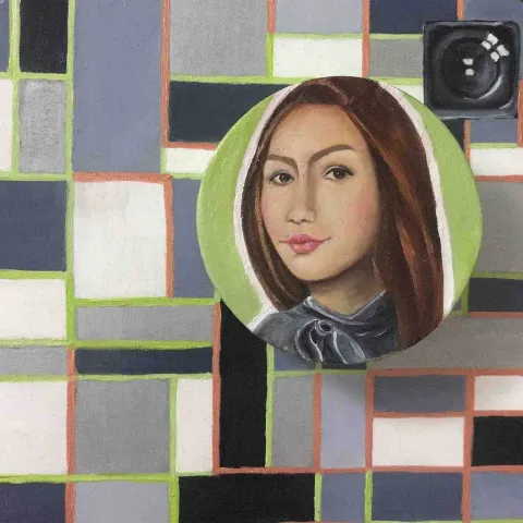 "Selfie" eseri GİZEM FATMA ÇETİN tarafından 2017 yılında 25x25 cm ölçülerinde Tuval üzeri karışık teknik tekniği ile yapılmıştır.