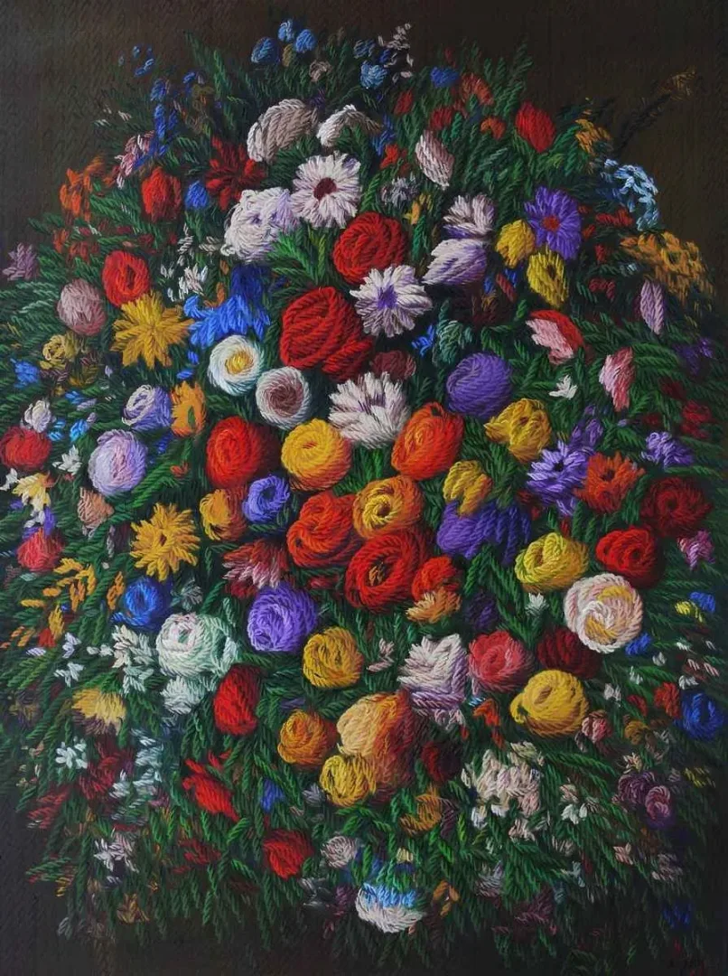 "Benim Çiçeklerim-1" eseri AHMET YEŞİL tarafından 2015 yılında 130x98 cm ölçülerinde Tuval üzeri yağlı boya tekniği ile yapılmıştır.