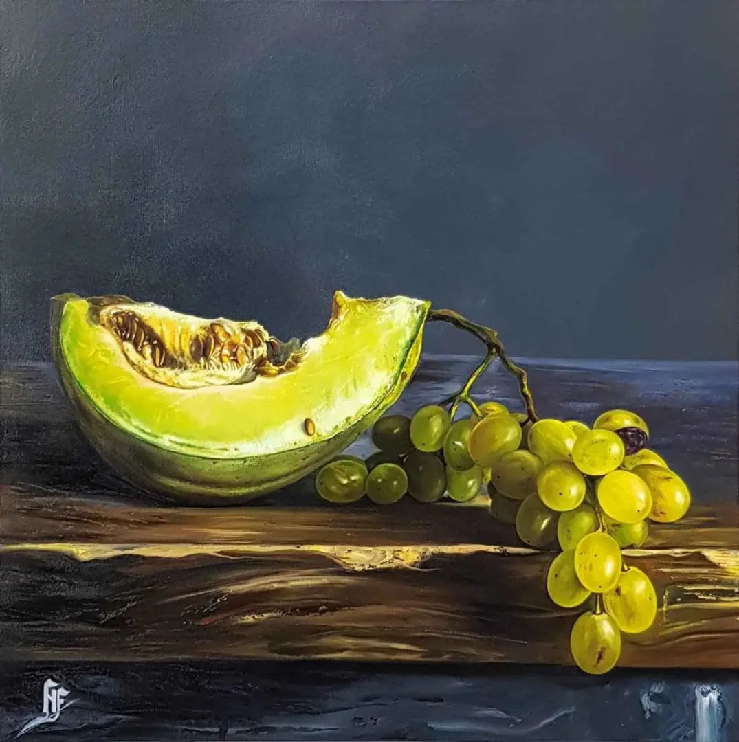 yakınlaştır "Meyveler" eseri HÜSEYİN FEYZULLAH tarafından 2018 yılında 60x60 cm ölçülerinde Tuval üzeri yağlı boya tekniği ile yapılmıştır.