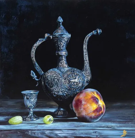 "Karaf ve Meyveler" eseri HÜSEYİN FEYZULLAH tarafından 2018 yılında 60x60 cm ölçülerinde Tuval üzeri yağlı boya tekniği ile yapılmıştır.