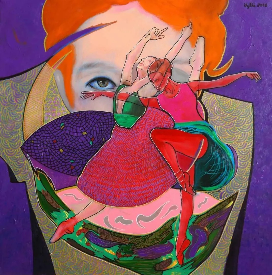 "İki Balerin ve Düşler" eseri NECMETTİN ÖZLÜ tarafından 60x60 cm ölçülerinde Tuval üzeri akrilik boya tekniği ile yapılmıştır.