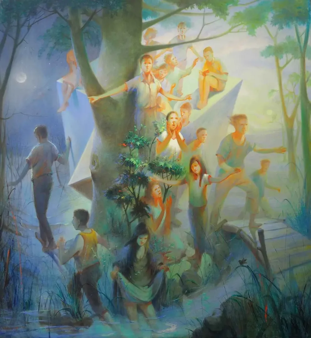 yakınlaştır "Zamanın Birinde- Bir Grup İnsan" eseri YUSUF ŞENGÜR tarafından 2018 yılında 150x140 cm ölçülerinde Tuval üzeri yağlı boya tekniği ile yapılmıştır.