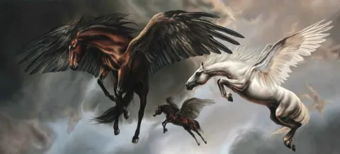 "Pegasusun Doğuşu" eseri BEHZAT FEYZULLAH tarafından 2017 yılında 240x111 cm ölçülerinde Tuval üzeri yağlı boya tekniği ile yapılmıştır.