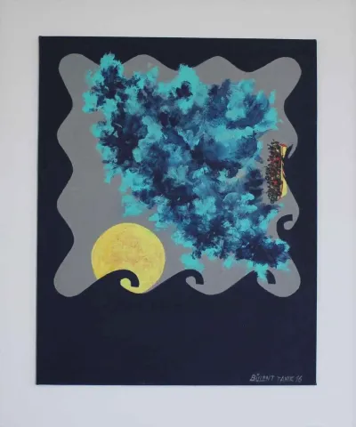 "Güneşe Yolculuk" eseri BÜLENT TANIK tarafından 40x50 cm ölçülerinde Bez Kaplı Duralit üzeri Akrilik tekniği ile yapılmıştır.