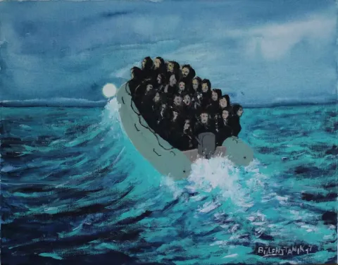 BÜLENT TANIK — “Güneşe Yolculuk” "Güneşe Yolculuk" eseri BÜLENT TANIK tarafından 40x50 cm ölçülerinde Bez Kaplı Duralit üzeri Akrilik tekniği ile yapılmıştır.