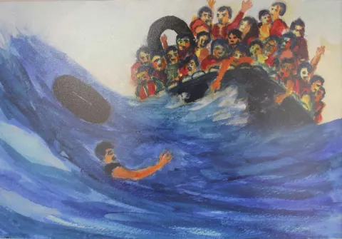 BÜLENT TANIK — “Bir ip” "Bir ip" eseri BÜLENT TANIK tarafından 20x28 cm ölçülerinde Karton üzeri akrilik boya tekniği ile yapılmıştır.