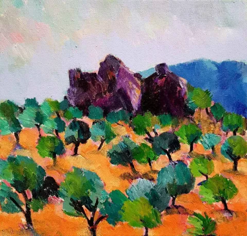 "Farilyada Zeytinlik" eseri CEVDET KOCAMAN tarafından 2018 yılında 30x30 cm ölçülerinde Tuval üzeri akrilik boya tekniği ile yapılmıştır.