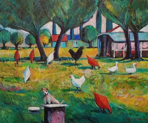"Tavuklar" eseri CEVDET KOCAMAN tarafından 2018 yılında 60x73 cm ölçülerinde Tuval üzeri yağlı boya tekniği ile yapılmıştır.