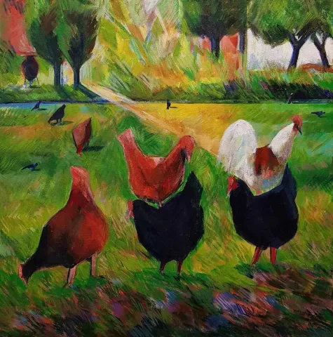 "Bahçemin Tavukları" eseri CEVDET KOCAMAN tarafından 2016 yılında 94x96 cm ölçülerinde Tuval üzeri akrilik boya tekniği ile yapılmıştır.