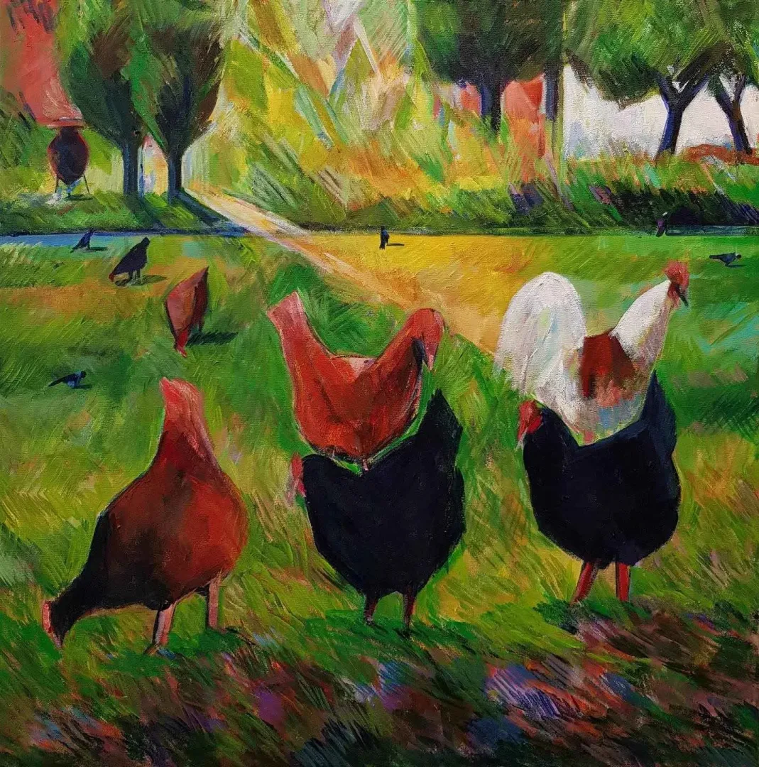 yakınlaştır "Bahçemin Tavukları" eseri CEVDET KOCAMAN tarafından 2016 yılında 94x96 cm ölçülerinde Tuval üzeri akrilik boya tekniği ile yapılmıştır.