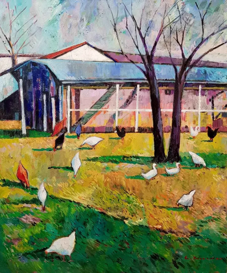 "Kış Güneşinde Tavuklar" eseri CEVDET KOCAMAN tarafından 2018 yılında 80x95 cm ölçülerinde Tuval üzeri yağlı boya tekniği ile yapılmıştır.