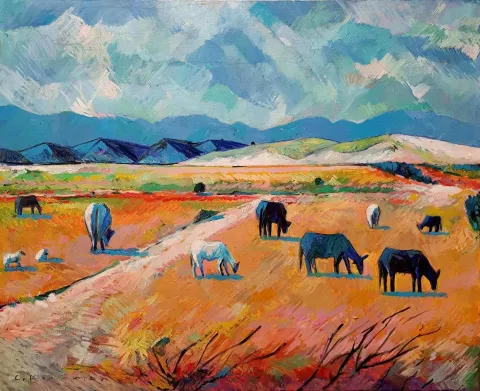 CEVDET KOCAMAN — “Balabanda Sığırlar”, 2018 "Balabanda Sığırlar" eseri CEVDET KOCAMAN tarafından 2018 yılında 81x100 cm ölçülerinde Tuval üzeri yağlı boya tekniği ile yapılmıştır.