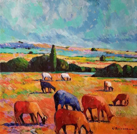 CEVDET KOCAMAN — “Trakya Koyunları”, 2018 "Trakya Koyunları" eseri CEVDET KOCAMAN tarafından 2018 yılında 60x60 cm ölçülerinde Tuval üzeri yağlı boya tekniği ile yapılmıştır.