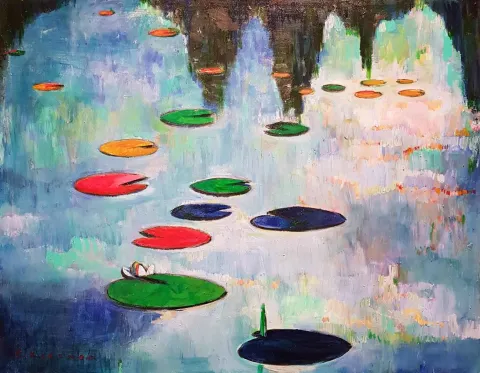 CEVDET KOCAMAN — “Nilüferler”, 2018 "Nilüferler" eseri CEVDET KOCAMAN tarafından 2018 yılında 80x70 cm ölçülerinde Tuval üzeri yağlı boya tekniği ile yapılmıştır.