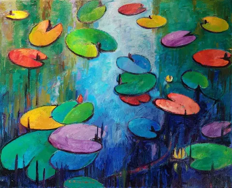 CEVDET KOCAMAN — “Nilüferler”, 2016 "Nilüferler" eseri CEVDET KOCAMAN tarafından 2016 yılında 100x81 cm ölçülerinde Tuval üzeri yağlı boya tekniği ile yapılmıştır.