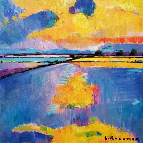 CEVDET KOCAMAN — “Çeltik Tarlasında Gün Batımı”, 2018 "Çeltik Tarlasında Gün Batımı" eseri CEVDET KOCAMAN tarafından 2018 yılında 40x40 cm ölçülerinde Tuval üzeri yağlı boya tekniği ile yapılmıştır.