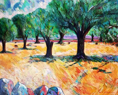 CEVDET KOCAMAN — “Gün Doğduğunda Zeytin Ağaçları”, 2018 "Gün Doğduğunda Zeytin Ağaçları" eseri CEVDET KOCAMAN tarafından 2018 yılında 81x100 cm ölçülerinde Tuval üzeri yağlı boya tekniği ile yapılmıştır.