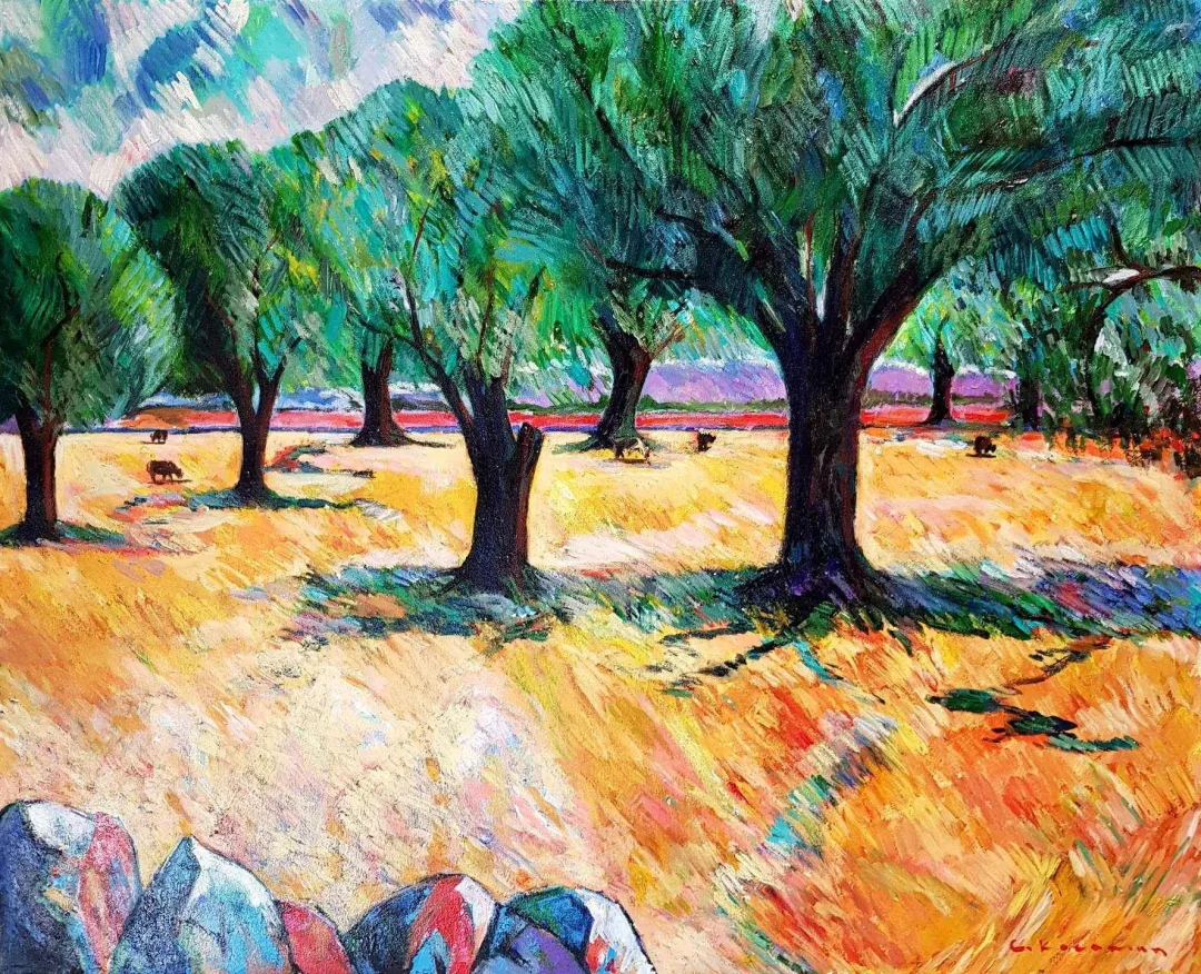yakınlaştır "Gün Doğduğunda Zeytin Ağaçları" eseri CEVDET KOCAMAN tarafından 2018 yılında 81x100 cm ölçülerinde Tuval üzeri yağlı boya tekniği ile yapılmıştır.
