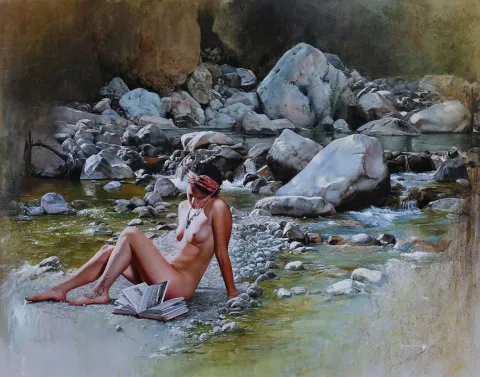 "Okuma-La Lecture" eseri HASAN SAYGIN tarafından 2018 yılında 114x146 cm ölçülerinde Tuval üzeri yağlı boya tekniği ile yapılmıştır.