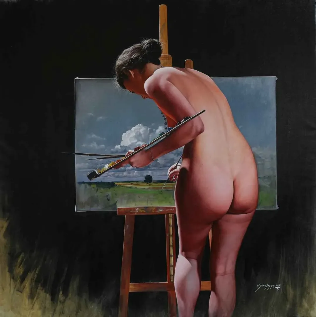 HASAN SAYGIN — “Resim Yapan Model”, 2018 "Resim Yapan Model" eseri HASAN SAYGIN tarafından 2018 yılında 100x100 cm ölçülerinde Tuval üzeri yağlı boya tekniği ile yapılmıştır.