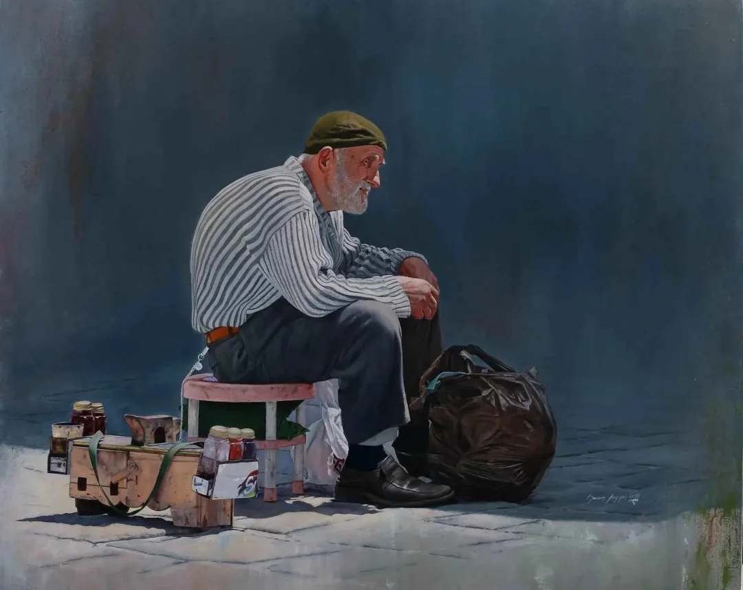 HASAN SAYGIN — “Ayakkabı Boyacısı”, 2018 "Ayakkabı Boyacısı" eseri HASAN SAYGIN tarafından 2018 yılında 81x100 cm ölçülerinde Tuval üzeri yağlı boya tekniği ile yapılmıştır.