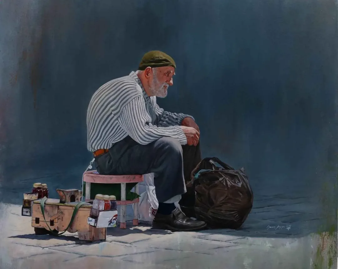 HASAN SAYGIN — “Ayakkabı Boyacısı”, 2018 "Ayakkabı Boyacısı" eseri HASAN SAYGIN tarafından 2018 yılında 81x100 cm ölçülerinde Tuval üzeri yağlı boya tekniği ile yapılmıştır.