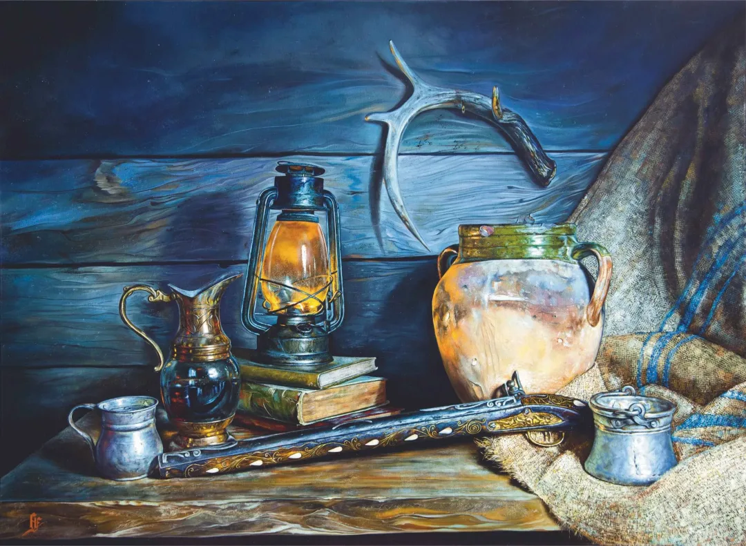 yakınlaştır "Avcının Günlüğü" eseri HÜSEYİN FEYZULLAH tarafından 110x150 cm ölçülerinde Tuval üzeri yağlı boya tekniği ile yapılmıştır.