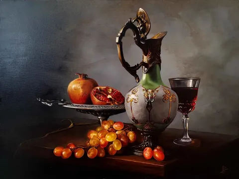 "Kadeh" eseri HÜSEYİN FEYZULLAH tarafından 60x80 cm ölçülerinde Tuval üzeri yağlı boya tekniği ile yapılmıştır.