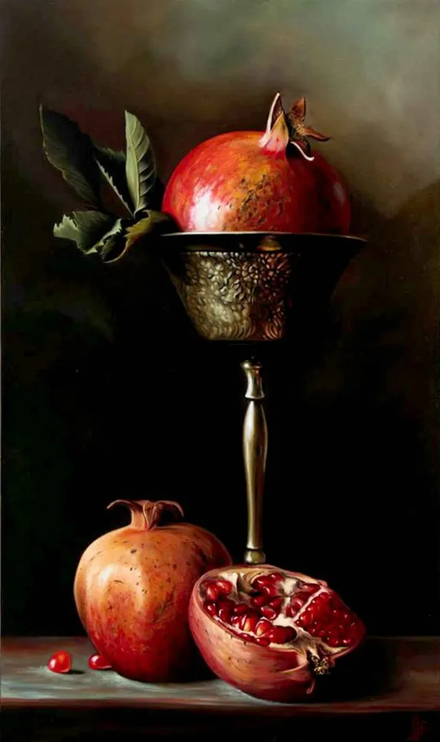 yakınlaştır "Üç Nar" eseri HÜSEYİN FEYZULLAH tarafından 90x60 cm ölçülerinde Tuval üzeri yağlı boya tekniği ile yapılmıştır.