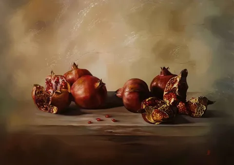 "Narlar" eseri HÜSEYİN FEYZULLAH tarafından 70x100 cm ölçülerinde Tuval üzeri yağlı boya tekniği ile yapılmıştır.