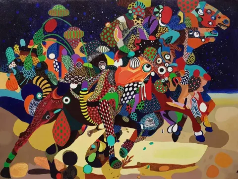 Bu eser LEVENT OYLUÇTARHAN tarafından 2018 yılında 90x120 cm ölçülerinde Tuval üzeri akrilik boya tekniği ile yapılmıştır.