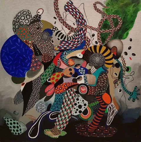 Bu eser LEVENT OYLUÇTARHAN tarafından 2018 yılında 60x60 cm ölçülerinde Tuval üzeri akrilik boya tekniği ile yapılmıştır.