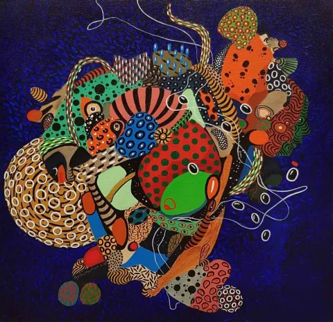 Bu eser LEVENT OYLUÇTARHAN tarafından 2018 yılında 60x60 cm ölçülerinde Tuval üzeri akrilik boya tekniği ile yapılmıştır.