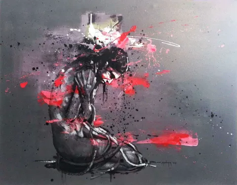 "Pembe Trajedi" eseri MEHMET SAKIZCI tarafından 2017 yılında 110x140 cm ölçülerinde Tuval üzeri akrilik boya tekniği ile yapılmıştır.