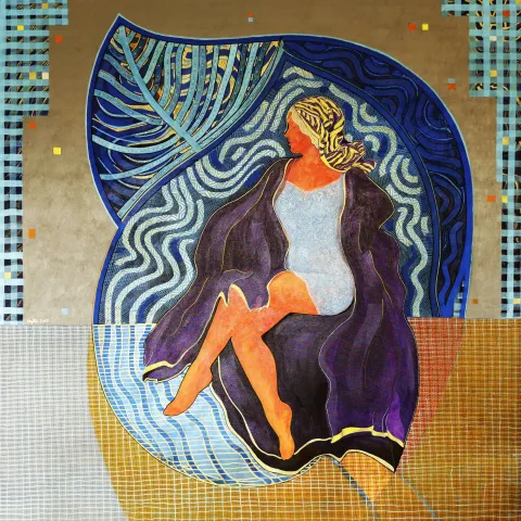 NECMETTİN ÖZLÜ — “Mor Kaftanlı Kadın” "Mor Kaftanlı Kadın" eseri NECMETTİN ÖZLÜ tarafından 130x130 cm ölçülerinde Tuval üzeri akrilik boya tekniği ile yapılmıştır.