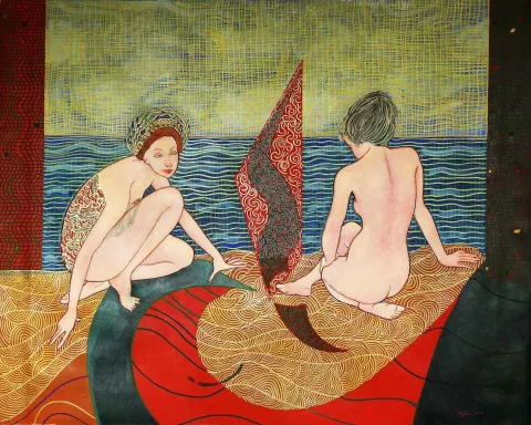 NECMETTİN ÖZLÜ — “Deniz Kenarında İki Kız” "Deniz Kenarında İki Kız" eseri NECMETTİN ÖZLÜ tarafından 120x150 cm ölçülerinde Tuval üzeri akrilik boya tekniği ile yapılmıştır.