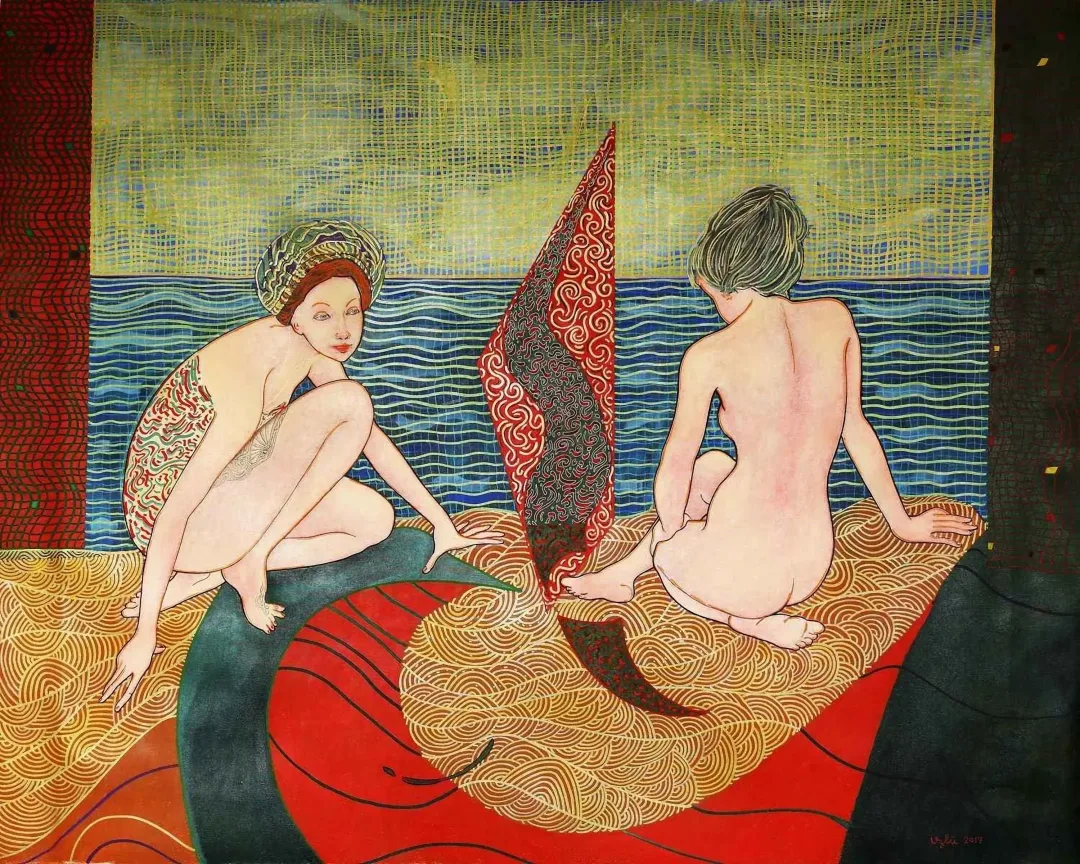 yakınlaştır "Deniz Kenarında İki Kız" eseri NECMETTİN ÖZLÜ tarafından 120x150 cm ölçülerinde Tuval üzeri akrilik boya tekniği ile yapılmıştır.
