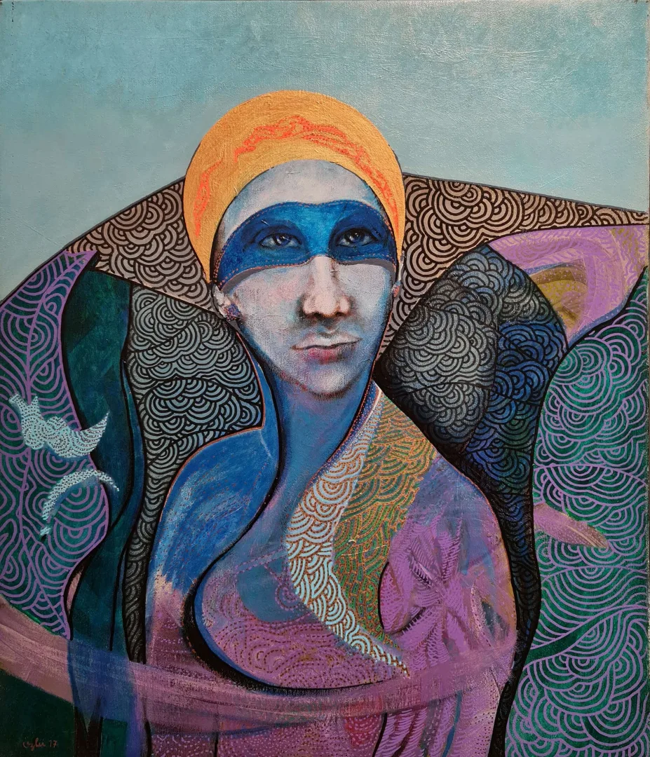 yakınlaştır "Mavi Maskeli Kız" eseri NECMETTİN ÖZLÜ tarafından 60x50 cm ölçülerinde Tuval üzeri akrilik boya tekniği ile yapılmıştır.