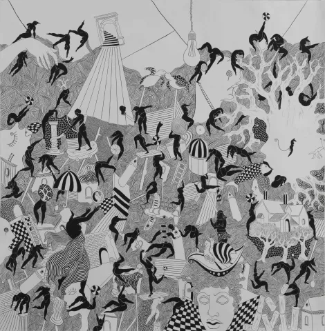 NECMİ GÜRSELER — “İlkel Benlik”, 2018 "İlkel Benlik" eseri NECMİ GÜRSELER tarafından 2018 yılında 150x150 cm ölçülerinde Kağıt üzeri mürekkep tekniği ile yapılmıştır.
