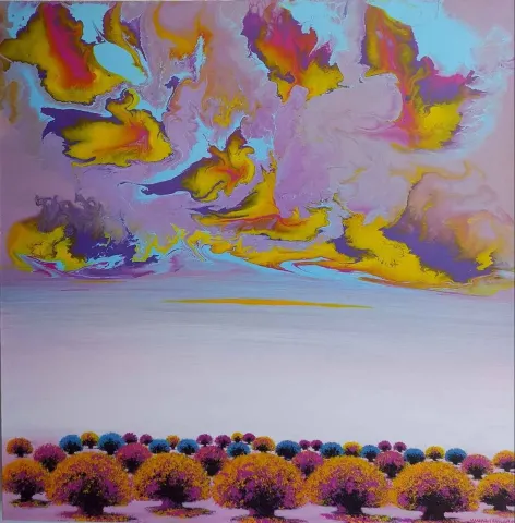 Bu eser NUMAN ARSLAN tarafından 90x90 cm ölçülerinde Tuval üzeri akrilik boya tekniği ile yapılmıştır.
