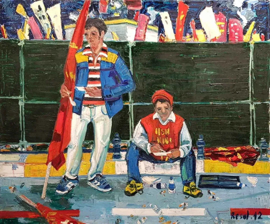 yakınlaştır "Pilav Yiyenler" eseri RESUL AYTEMÜR tarafından 2012 yılında 116x140 cm ölçülerinde Tuval üzeri yağlı boya tekniği ile yapılmıştır.