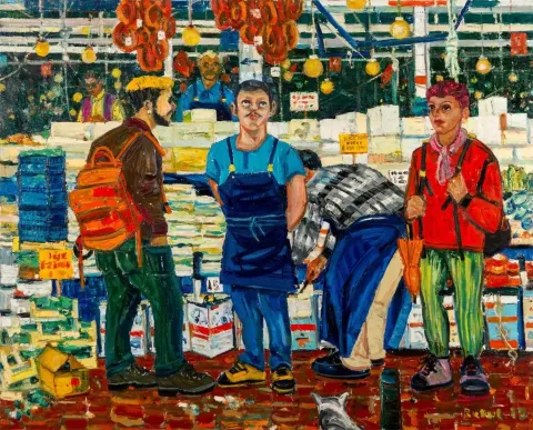 RESUL AYTEMÜR — “Peynirci”, 2013 "Peynirci" eseri RESUL AYTEMÜR tarafından 2013 yılında 130x160 cm ölçülerinde Tuval üzeri yağlı boya tekniği ile yapılmıştır.